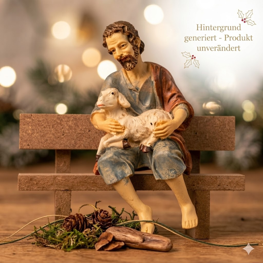 Handbemalte Krippenfigur Schäfer sitzend inkl. Bank, ca. 9 cm, K 919-11